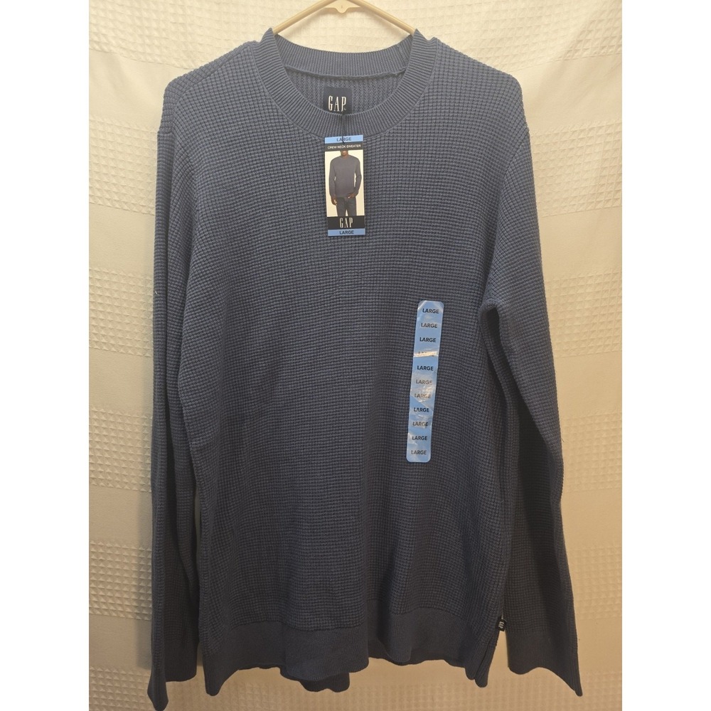 Gap Mens Waffle Knit Crew Neck Sweater Blue Pullover Large NEW